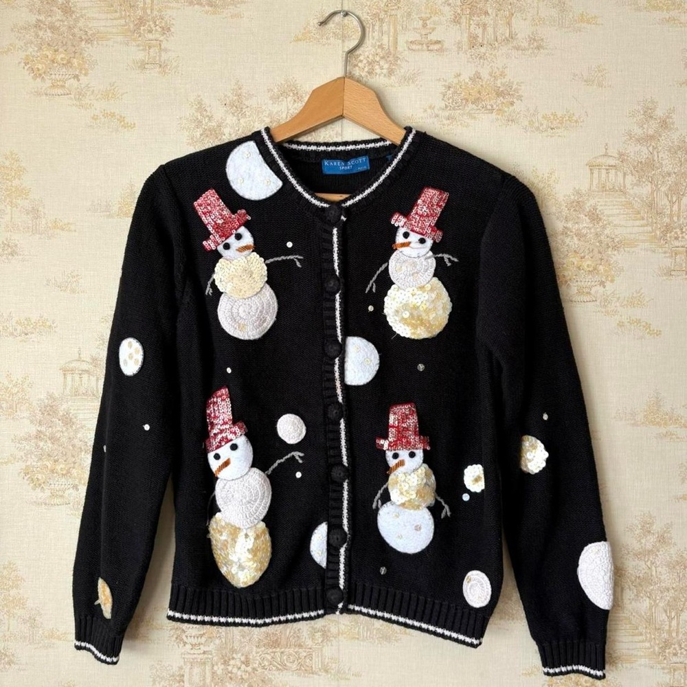 Vintage black sequin snowmen Christmas polka dot winter holiday cardigan sweater